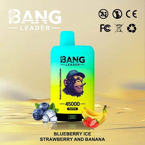 Bang Leader Disposable Vape Device With A Monkey Illustration On Its Label, Labeled For 45,000 Puffs, Surrounded By Blueberries, Ice Cubes, Strawberries, And A Banana, Highlighting Blueberry Ice, Strawberry, And Banana Flavors.