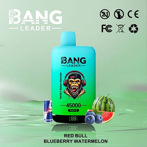 Bang Leader Vape Device With 45,000 Puffs Featuring A Blue-To-Green Gradient Body, Surrounded By A Red Bull Can, Watermelon Slices, And Blueberries, Indicating Red Bull Blueberry Watermelon Flavor.