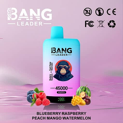 Bang Leader Vape Device With A Cartoon Monkey Wearing Sunglasses On The Label, Surrounded By Illustrated Blueberries, Raspberries, Peach, Mango, And Watermelon, With A Digital Puff Counter And Various Certification Symbols, Set Against A Pink And Purple Gradient Background.