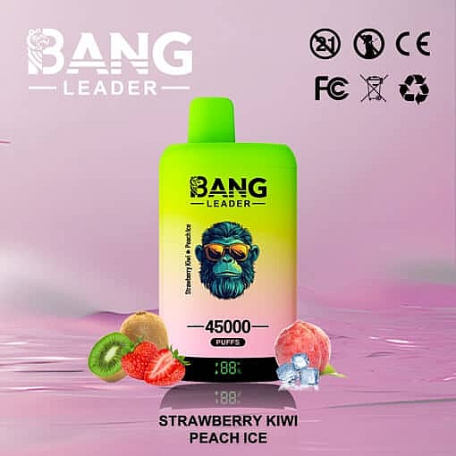 Bang Leader Vape Device With A Neon Green And Yellow Gradient, Featuring A Bearded Gorilla Illustration, Surrounded By Illustrations Of Strawberries, Kiwi, Peach, And Ice, Labeled 45,000 Puffs And The Flavor Strawberry Kiwi Peach Ice.