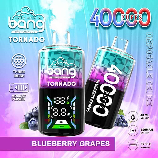 Promotional Image For Bang Tornado Blueberry Grapes Disposable Vape Device, Featuring Two Colorful Vape Devices Surrounded By Blueberries And Grapes, Highlighting 40,000 Puffs, Adjustable Power, Three Mesh Coils, 40Ml Capacity, 850Mah Battery, And Type-C Charging.
