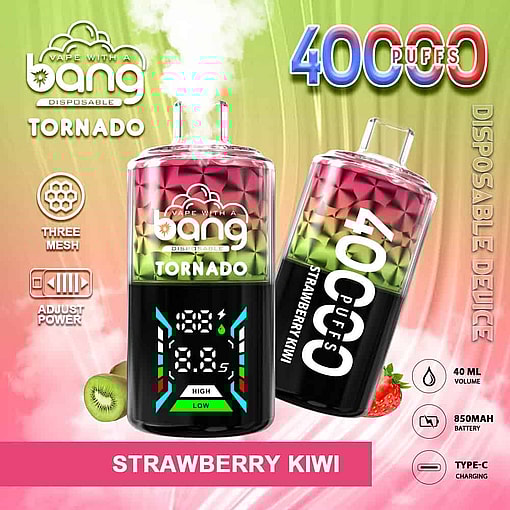 Colorful Advertisement For Bang Tornado Disposable Vape In Strawberry Kiwi Flavor, Featuring Two Vape Devices, Digital Display, Smoke Effect, And Highlighting Features Such As 40,000 Puffs, Three Mesh Coils, Adjustable Power, 40Ml Volume, 850Mah Battery, And Type-C Charging.