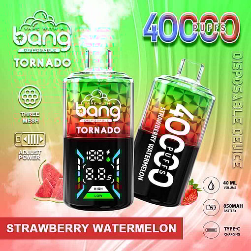 Promotional Image For Bang Disposable Tornado Vape Featuring Two Colorful Vape Devices, Strawberry And Watermelon Slices, And Highlighted Features Such As 40,000 Puffs, Three Mesh, Adjustable Power, 40Ml Volume, 850Mah Battery, And Type-C Charging, All Themed Around The Strawberry Watermelon Flavor.