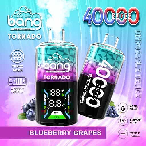 Promotional Image For Bang Tornado Disposable Vape In Blueberry Grapes Flavor, Featuring A Colorful Vape Device With A Digital Display, Product Features Like 40,000 Puffs, Three Mesh Coils, Adjustable Power, 40Ml Volume, 850Mah Battery, And Type-C Charging, Alongside Illustrations Of Blueberries And Grapes.
