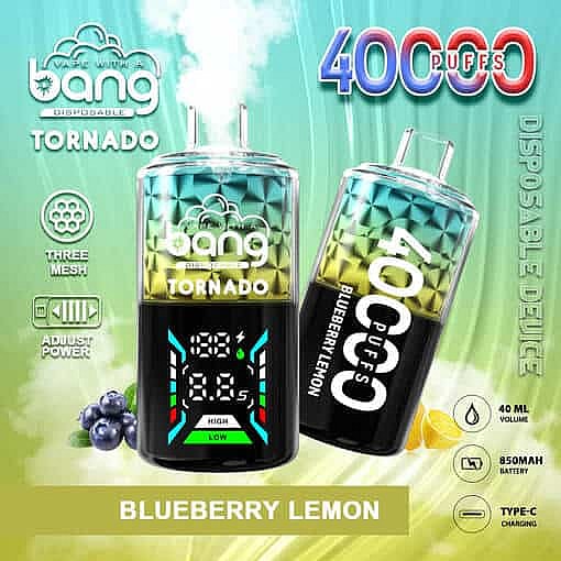 Bang Tornado Disposable Vape Device In Blueberry Lemon Flavor, Featuring 40,000 Puffs, Adjustable Power, Digital Display, And Images Of Blueberries And Lemon Slices.