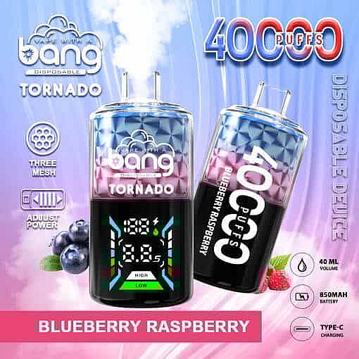 Promotional Image For Bang Tornado Disposable Vape In Blueberry Raspberry Flavor, Featuring Two Devices With Digital Displays, Images Of Blueberries And Raspberries, And Product Highlights Such As 40,000 Puffs, Adjust Power, Three Mesh, And 40 Ml Volume.