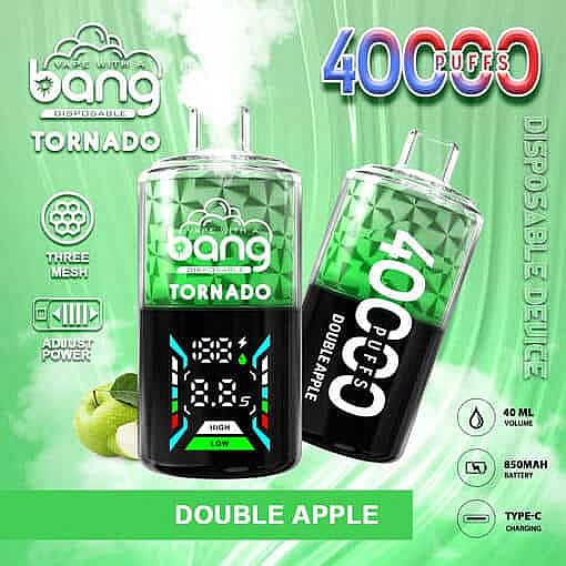 Product Image For Bang Tornado Disposable Vape In Double Apple Flavor, Showing Two Vape Devices With Green And Black Colors, Digital Display, Green Apples, And Features Like 40,000 Puffs, 850Mah Battery, 40Ml Volume, And Type-C Charging.