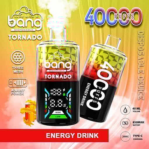 Bang Tornado Disposable Vape Device With Energy Drink Flavor, Digital Display, 40,000 Puff Capacity, And Power Adjustment Feature, Shown On A Modern Promotional Background With Product Information Icons.