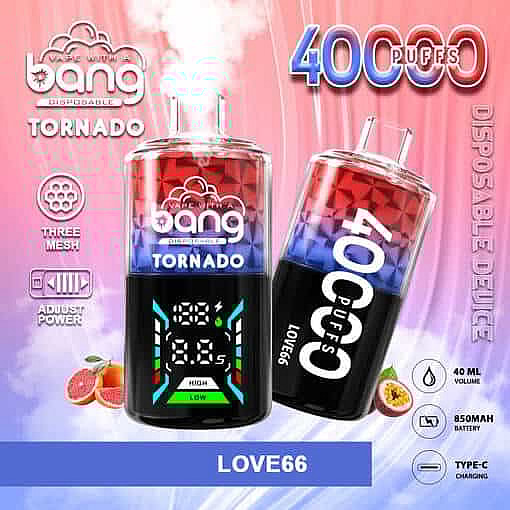 Colorful Advertisement For Bang Tornado 4000 Disposable Vape Device In The Flavor Love66, Showing Two Vaping Devices, Vapor Clouds, And Features Like 40,000 Puffs, Adjustable Power, Digital Display, 40 Ml Volume, 850 Mah Battery, And Type-C Charging, With Fruit Images In The Background.