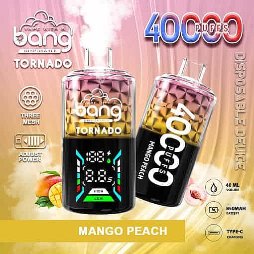 Promotional Image Of The Bang Tornado Disposable Vape Device In Mango Peach Flavor, Featuring Vibrant Colors, Digital Display, 40,000 Puffs Label, And Icons Indicating 40 Ml Volume, 850 Mah Battery, And Type-C Charging, With Illustrated Mango And Peach Fruits In The Background.