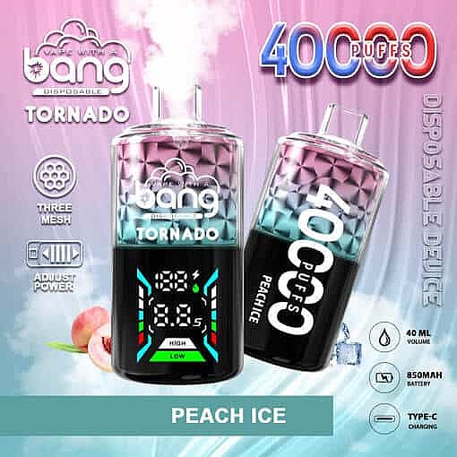 Promotional Image For Bang Disposable Vape In Peach Ice Flavor, Featuring Two Vape Devices With Digital Displays, Icons Highlighting Features Like 40,000 Puffs, 40 Ml Volume, Mesh Coils, Adjustable Power, 850 Mah Battery, And Type-C Charging, Alongside Images Of Peach And Ice Cubes.