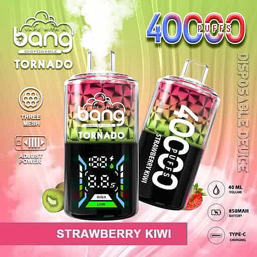 Promotional Image For Bang Tornado Disposable Vape Featuring Strawberry Kiwi Flavor, Highlighting A Device With A Digital Display, 40,000 Puffs, Three Mesh Coils, Adjustable Power, 40Ml E-Liquid, 850Mah Battery, And Type-C Charging, With Background Graphics Of Strawberries, Kiwis, And Colorful Branding.