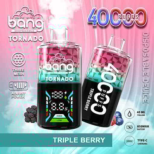 Promotional Image For Bang Tornado Disposable Vape In Triple Berry Flavor, Highlighting Features Like 40,000 Puffs, Adjustable Power, Three Mesh Coils, 40Ml Volume, 850Mah Battery, And Type-C Charging, With Colorful Vape Devices And Berry Graphics.