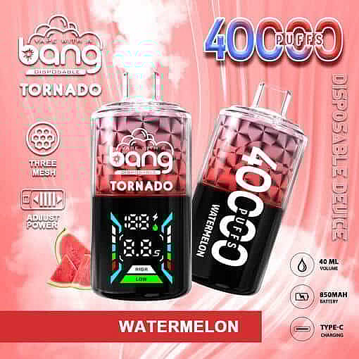 Bang Tornado Disposable Vape Device In Watermelon Flavor, Featuring A Digital Display, 40,000 Puffs Capacity, 850Mah Battery, And Type-C Charging, With Images Of The Vape Device And Watermelon Slices On A Pink Background.
