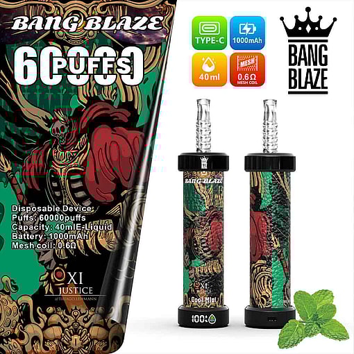 Bang Blaze 60000 Disposable Vape Device Featuring A Fantasy Skeleton Warrior Design, Product Specifications, And Mint Leaves Indicating Cool Mint Flavor.