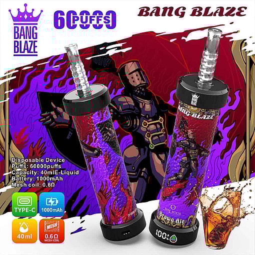 Promotional Image For Bang Blaze Disposable Vape Device Featuring Two Vape Pens With Colorful, Comic-Style Artwork, Highlighting Product Features Such As 60,000 Puffs, 40Ml E-Liquid Capacity, 1000Mah Battery, Type-C Charging, And Mesh Coil; Includes A Background Illustration Of An Armored Character And A Splash Of Brown Liquid Resembling Ale.