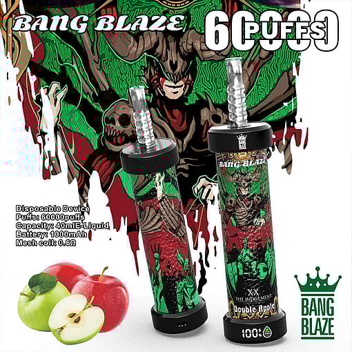 Bang Blaze Disposable Vape Device With Double Apple Flavor, Featuring A Bold, Colorful Design Of A Horned Demon And Green Flames, Product Specs, And Images Of Red And Green Apples.