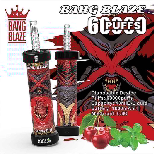 Bang Blaze Disposable Vape Device With A Red Devil-Themed Design, Labeled 'Cherry Mint' Flavor, Featuring Product Details, Cherries, And Mint Leaves On The Side.