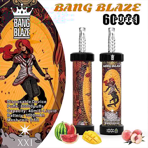 Promotional Image For Bang Blaze Disposable Vape Featuring A Stylized Female Character With Red Hair And A Red Cape, Two Vape Devices With Dragon And Character-Themed Designs, Product Details, And Images Of Watermelon, Mango, And Peach To Indicate Flavor.