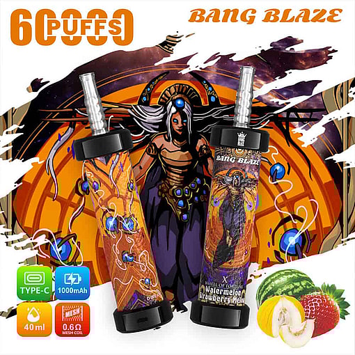 Two Colorful Vape Devices With An Egyptian-Inspired Fantasy Character In Elaborate Costume, Surrounded By Oranges, Purples, And Swirling Designs, With Fruit Illustrations And Product Specifications For Watermelon, Strawberry, And Melon Flavors.