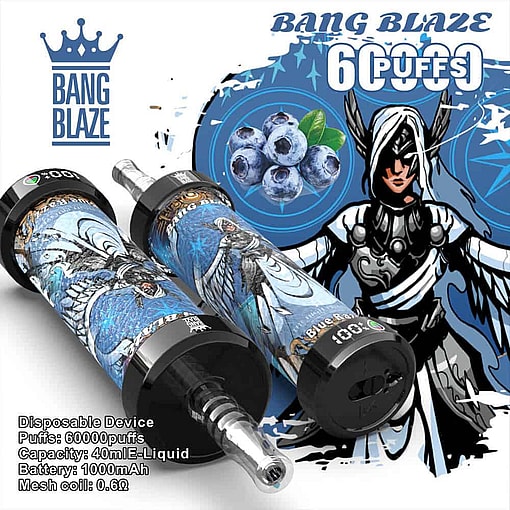 Bang Blaze Disposable Vape Device In Blue With Fantasy Female Warrior Artwork, Blueberry Graphic, And Product Specifications For 60,000 Puffs, 40Ml E-Liquid, And 1000Mah Battery.