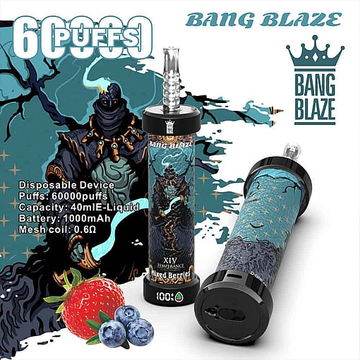 Promotional Image For Bang Blaze Disposable Vape Featuring Two Illustrated Vape Devices With Fantasy-Themed Artwork, Product Specifications, And Images Of Strawberries And Blueberries Indicating Mixed Berries Flavor.