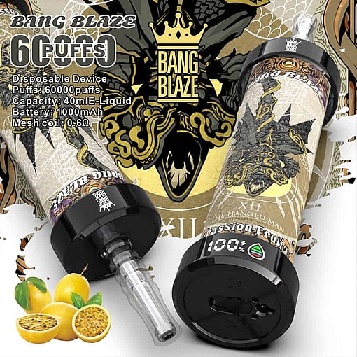 Two Bang Blaze Disposable Vape Devices With Ornate Designs And Text Highlighting 60000 Puffs, Passion Fruit Flavor, And Features Like A 1000Mah Battery And 40Ml E-Liquid Capacity, Shown Alongside Whole And Cut Passion Fruits.