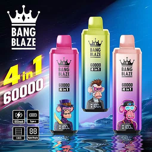 Three Colorful Bang Blaze 60000 Disposable Vape Devices With Cartoon Monkey Illustrations On Each, Set Against A Neon-Lit Water And Mountain Background, Highlighting Features Like 60000 Puffs, 4-In-1 Function, 650Mah Battery, Type-C Charging, Mesh Coil, And Digital Display.