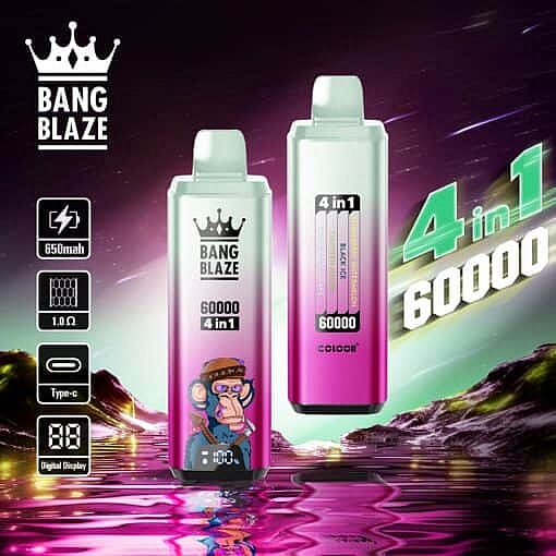 Two Bang Blaze 4-In-1 Disposable Vape Devices With Colorful Gradients And A Digital Display, Set Against A Neon, Futuristic Landscape With Mountains And Water, Alongside Icons Highlighting 650Mah Battery, 1.0 Ω, Type-C Charging, And 60,000 Puff Capacity.