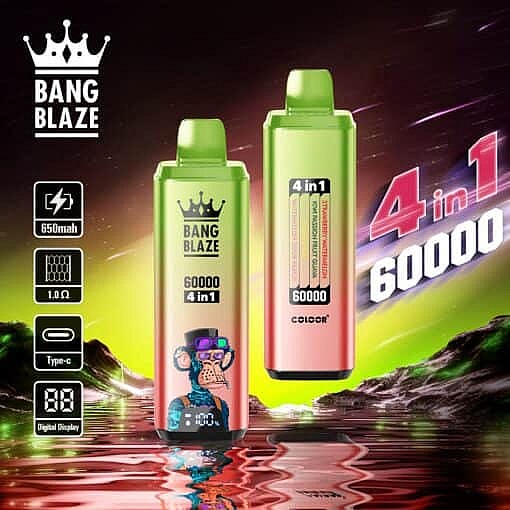 Two Colorful Bang Blaze 4-In-1 Vape Devices Displayed Against A Neon Futuristic Landscape, With Prominent Text Highlighting 60,000 Puffs, 650Mah Battery, Digital Display, And Type-C Charging Features.