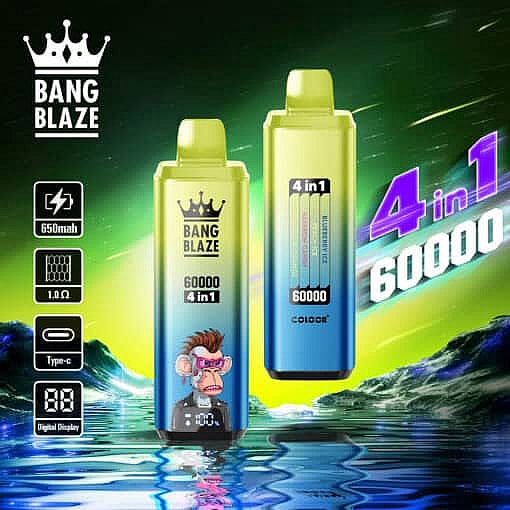 Promotional Image Featuring Two Bang Blaze 4-In-1 Vape Devices With '60000' Puffs And Digital Display, Set Against A Colorful, Futuristic Landscape And Highlighting Features Such As 650Mah Battery, 1.0Ω Coil, And Usb Type-C Charging.