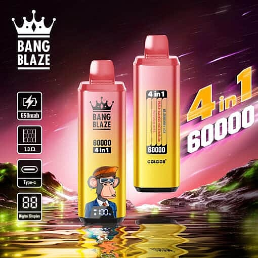 Two Bang Blaze 4 In 1 Disposable Vape Devices With A Capacity Of 60000 Puffs, Featuring A Cartoon Monkey In A Suit, Set Against A Futuristic, Colorful Landscape With Product Features Such As 650Mah Battery, 1.0Ω Coil, Type-C Charging, And Digital Display Highlighted Beside Them.