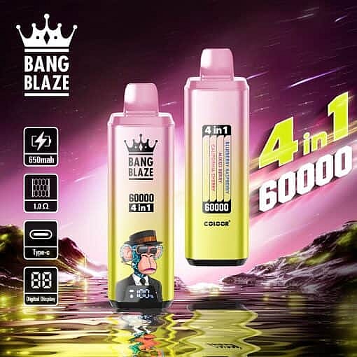 Two Bang Blaze 4 In 1 Disposable Vape Devices With 60,000 Puffs Featured On A Vibrant, Futuristic Landscape Background With Product Specifications Like 650Mah Battery, 1.0 Ohm Resistance, Type-C Charging, And Digital Display.