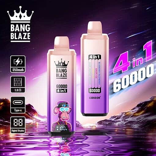Promotional Image For Bang Blaze 4-In-1 Disposable Vape Device Featuring Two Devices With Digital Displays, A Stylized Ape Graphic, Key Features Like 650Mah Battery, 60,000 Puff Capacity, Type-C Charging, And A Purple Cosmic Water Landscape Background.