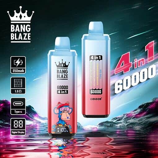 Two Bang Blaze 4-In-1 Disposable Vape Devices With 60,000 Puff Capacity, Digital Display, And A Cartoon Ape Graphic, Showcased Against A Neon-Lit Futuristic Landscape With Product Specifications On The Left.