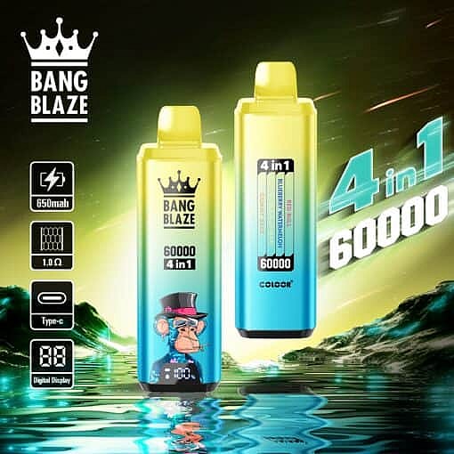 Two Bang Blaze 4 In 1 Disposable Vape Devices Shown Against A Glowing, Futuristic Landscape Background, With Product Icons Highlighting Features Like 650Mah Battery, Type-C Charging, Digital Display, And 60,000 Puff Capacity.