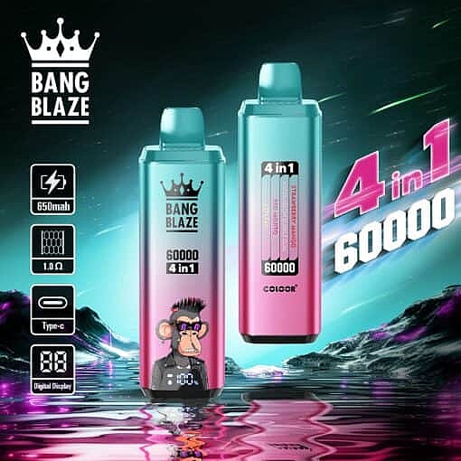 Two Colorful Bang Blaze 4-In-1 Disposable Vapes Displayed With A Digital Screen And A Cartoon Ape Graphic, Set Against A Futuristic, Neon-Lit Landscape With Product Specifications Including 650Mah Battery, 1.0 Ω Coil, Type-C Charging, Digital Display, And Highlighting 60,000 Puffs.