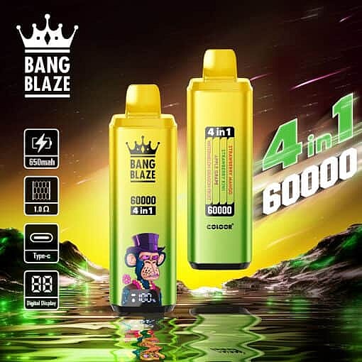 Two Bang Blaze 4-In-1 Vape Devices With A Neon-Colored Background, Highlighting Their Features Such As 650Mah Battery, Digital Display, Type-C Charging, And 60,000 Puffs, With One Device Featuring An Illustrated Monkey In A Purple Hat.