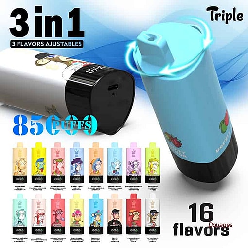 16 種類のフレーバー、85,000 回の吸引能力を備えた 3 in 1 調整可能 Vape デバイスのプロモーション画像。ラベルにはさまざまな色のデバイスのイラストとキャラクター デザインが描かれています。