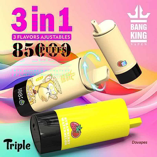 Bang King Vapen のプロモーション画像。3 in 1 の調整可能なフレーバーや 85,000 回の吸引などの機能を備えた 3 つのカラフルな Vape デバイスに加え、漫画やフルーツのグラフィックが表示されています。