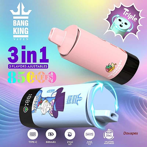 Bang King Vapen のプロモーション画像。調整可能なフレーバーを備えた 2 つのカラフルな 3-in-1 使い捨て Vape デバイスを特集し、85,000 パフ、600 mAh バッテリー、Type-C 充電、フレーバーごとに 21 ml の E リキッドを特徴としています。
