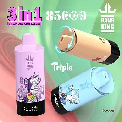 Bang King Vapen 使い捨て Vape デバイスの広告。アニメ風の明るい猿のデザイン、3 種類の調節可能なフレーバー、85,000 回の吸引、カラフルなパッケージが特徴です。