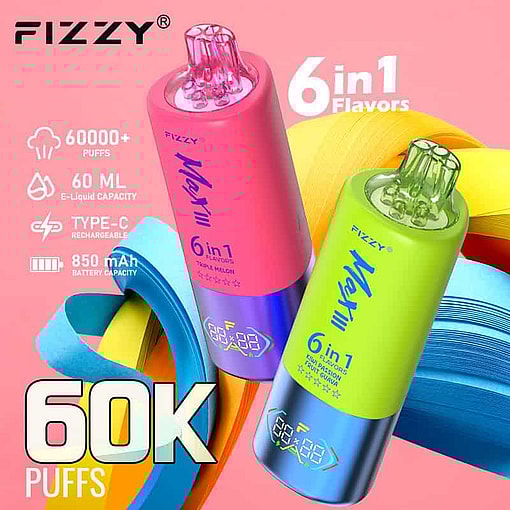 Two Colorful Fizzy Max Iii 60000 6-In-1 Disposable Vape Devices With An Led Screen, Highlighting Features Such As 60,000+ Puffs, 60Ml E-Liquid Capacity, Type-C Rechargeable, And 850Mah Battery, Set Against A Pink Background With Abstract Paper Ribbons.