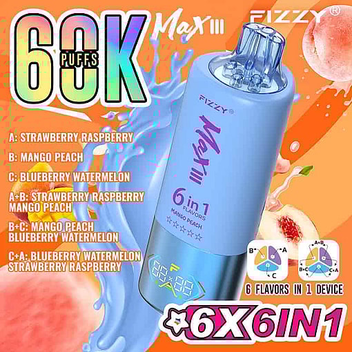 Fizzy Max Iii Vape Device In Blue With Digital Display, Surrounded By Fruit Illustrations And Labeled With Six Flavors Including Strawberry Raspberry, Mango Peach, And Blueberry Watermelon, Promoting 60,000 Puffs And Six Flavors In One Device.