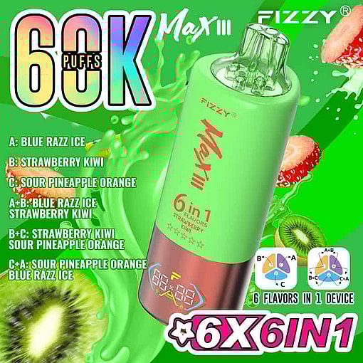 Advertisement For Fizzy Max Iii Disposable Vape, Highlighting 60K Puffs, 6 Flavors In One Device, And Featuring A Green And Pink Vape Device With Strawberries, Kiwis, And Flavor Options Listed.