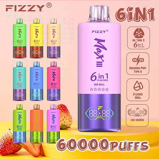 Promotional Image For Fizzy Maxiii 6-In-1 Disposable Vape Devices In Various Colors, Highlighting Features Like 60,000 Puffs, 60Ml E-Liquid, Type-C Charging, Led Screen, And Oil Tank With Six Flavors, With Strawberries In The Foreground.
