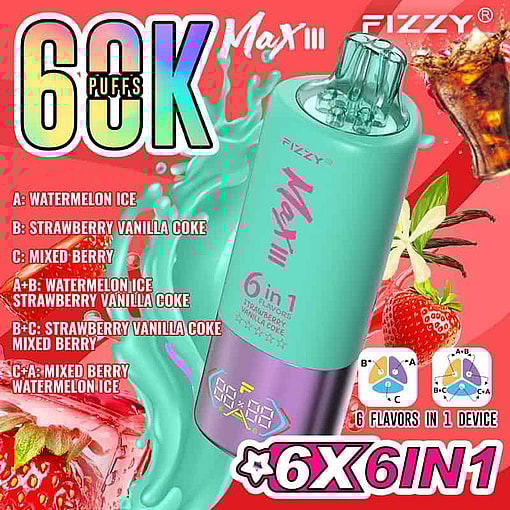 Advertisement For Fizzy Max Iii Vape Device Featuring A Mint Green And Purple Device With Three Flavor Options—Watermelon Ice, Strawberry Vanilla Coke, And Mixed Berry—Allowing Users To Combine Flavors For Six Total Options, Set Against A Vibrant Background With Images Of Strawberries, Vanilla, Cola, And Bold Text Highlighting 60,000 Puffs And '6 Flavors In 1 Device.'