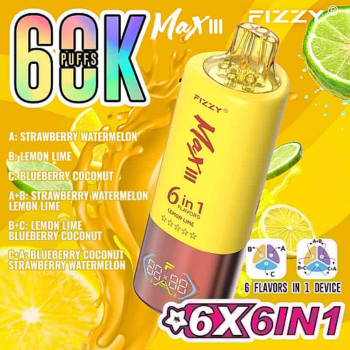 Advertisement For Fizzy Max Iii Vape Device Featuring 60K Puffs, Six Flavors In One Device (Strawberry Watermelon, Lemon Lime, Blueberry Coconut, And Mixtures), With A Large Yellow And Bronze Vape Pen Displayed Against A Vibrant Background Of Fruit And Juice Splashes.