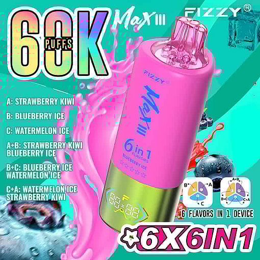 Brightly Colored Promotional Image For A Fizzy Max Iii Vape Device With A Pink And Green Body, Showcasing “60K Puffs” And “6 Flavors In 1 Device,” And Listing Mixable Flavors Including Strawberry Kiwi, Blueberry Ice, And Watermelon Ice.