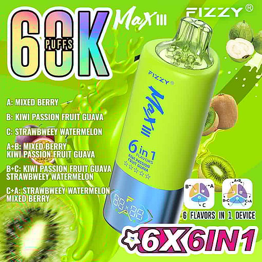 Advertisement For The Fizzy Max Iii Vape Device Featuring A Lime-Green And Blue Vape Pen With 6 Flavors, Including Mixed Berry, Kiwi Passion Fruit Guava, And Strawberry Watermelon, Set Against A Vibrant Green Background With Images Of Fruit And Bold, Colorful Text Highlighting 60K Puffs And 6 Flavors In One Device.
